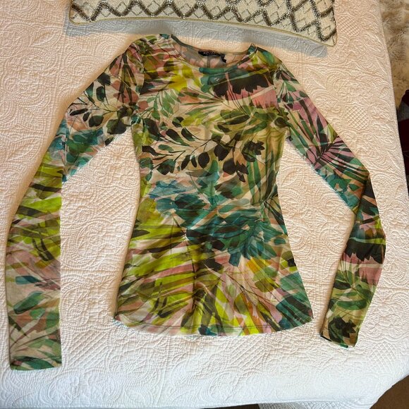 Marciano XS Sheer Tulle Botanical Print Long Sleeve Top | Mesh Fitted - Picture 2 of 3